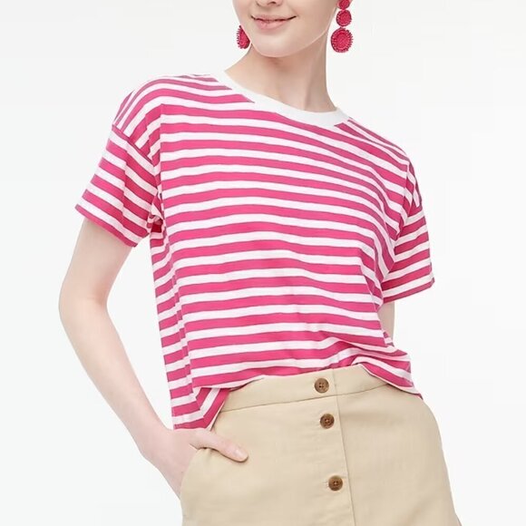 J. Crew Striped Crewneck Short Sleeves Tee Loose Fit Pink Size 3X NWT - Picture 1 of 9